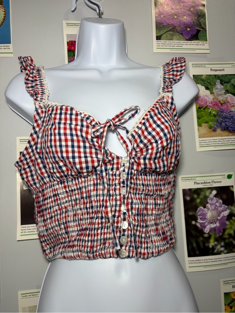 Gingham Tie-Front Cropped Tank Top - Red/Blue/White